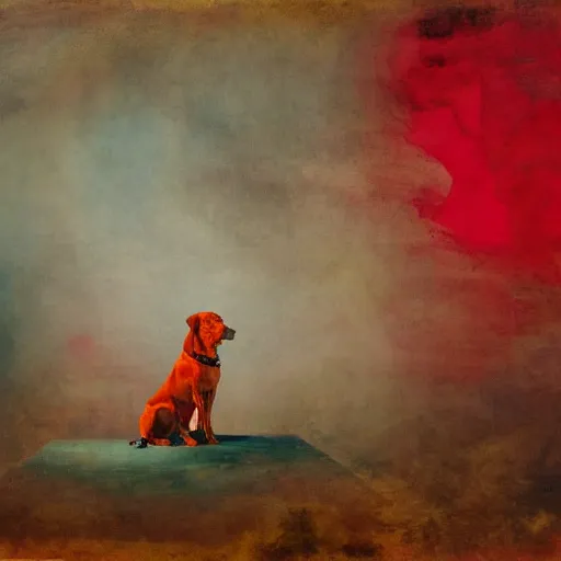 Image similar to A red dog sitting in the middle with red spots. in the art style of William Turner. Dramatic lighting, minimal painting, high resolution. Positive vibes