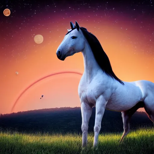 Image similar to realistic photograph of a horse standing in a field with Saturn in the sky, sunset lighting, high quality