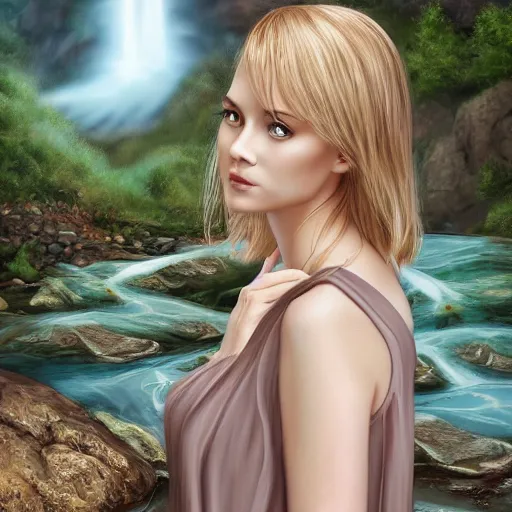 Image similar to beautiful woman in her late 20s wearing a cottagecore summer dress, light blonde shoulder-length hair, standing near a waterfall, 4k digital art, digital painting, highly detailed and intricate