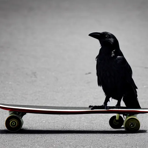 Image similar to a photo of a crow riding a skateboard