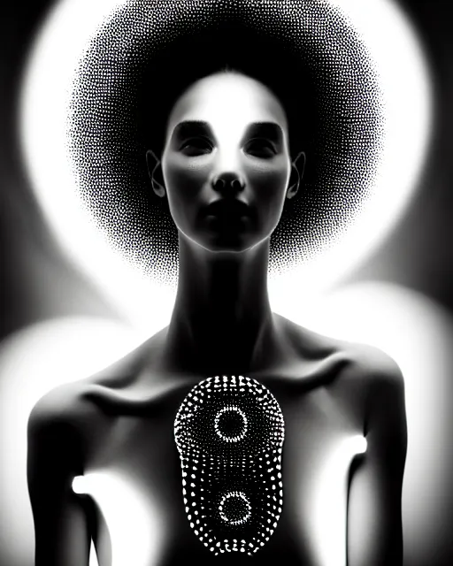 Image similar to black and white dreamy spiritual connected young female cyborg - plant goddess high quality photo, microchip, artificial intelligence, bio - mechanical bio - luminescence, black wired cables, neurons, nerve cells, cinematic, rim light, photo - realistic, elegant, high detail, 8 k, masterpiece, high fashion