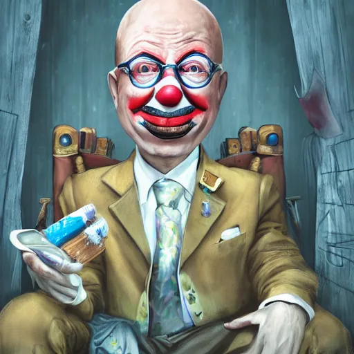 Image similar to sad klaus schwab wearing bizarre clown makeup, and intricate clown costume, sitting on a throne in an abandoned outhouse, by rossdraws, vivid colors, studio lighting, digital artwork, uhd, best of artstation