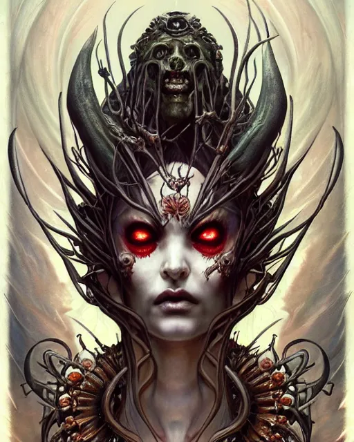 Image similar to perfectly centered portrait front view of a angry dead rotten beautiful female daemon growing ornamentation, ornate, detailed, symmetrical, elegant, beautifully soft lit, by wayne barlowe, peter mohrbacher, kelly mckernan