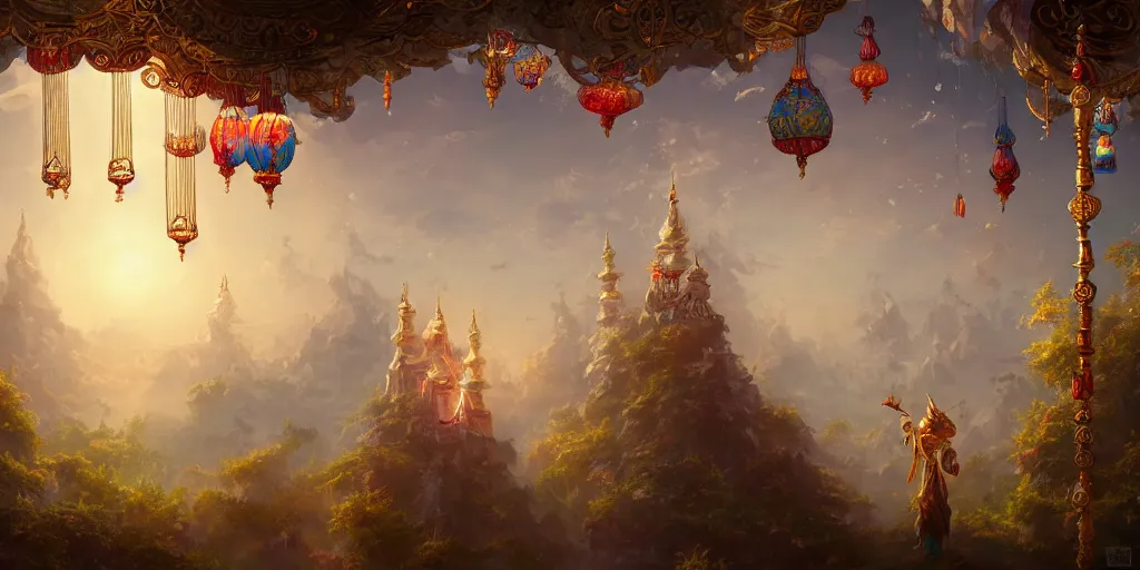 Image similar to painting of a god of wind enjoying his ornate heavenly palace, decorated with windchimes and paper lanterns, stunning nature in background, cinematic, 8 k, hyper detailed, digital art trending on artstation