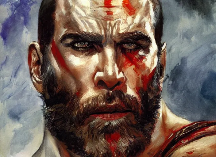 Prompt: a highly detailed beautiful portrait of john travolta as kratos, by gregory manchess, james gurney, james jean