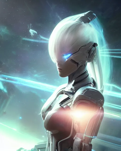 Image similar to photo of a android girl on a mothership, warframe armor, beautiful face, scifi, nebula, futuristic background, galaxy, raytracing, dreamy, focused, sparks of light, pure, long white hair, blue cyborg eyes, glowing, 8 k high definition, insanely detailed, intricate, innocent, art by akihiko yoshida, li zixin, woo kim