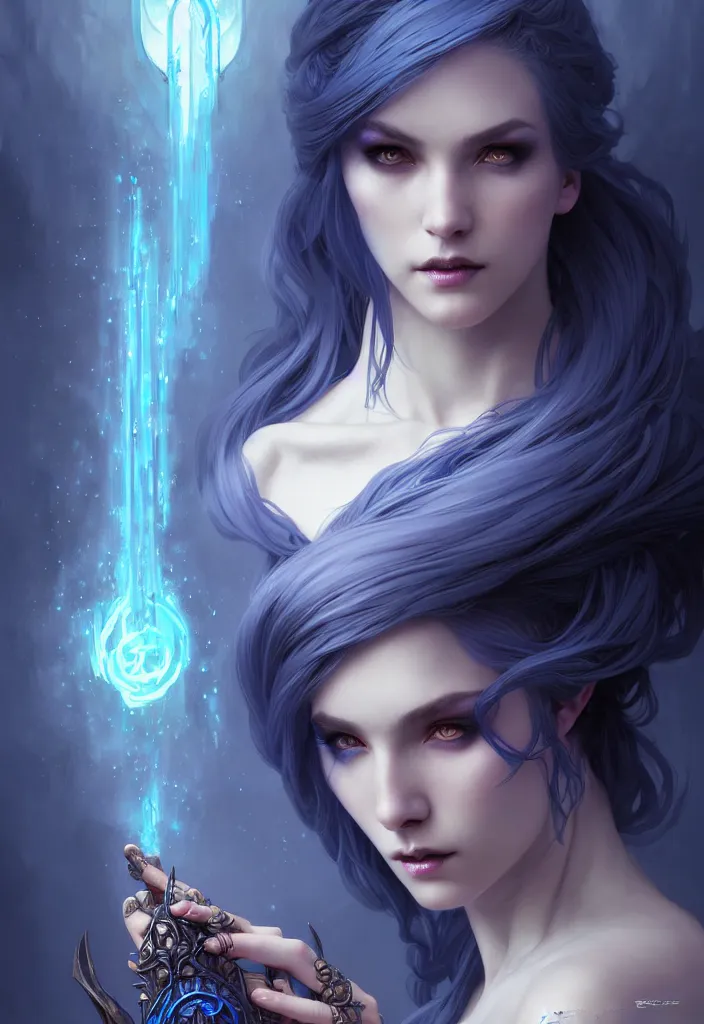 Image similar to Necromancer Sorceress, fantasy magic, undercut blue hairstyle, dark light night, intricate, elegant, sharp focus, illustration, highly detailed, digital painting, concept art, matte, art by WLOP and Artgerm and Greg Rutkowski and Alphonse Mucha, masterpiece