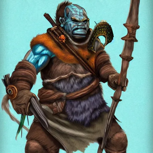 Image similar to character portrait, orc monk archer, fantasy, penned in cyan ink