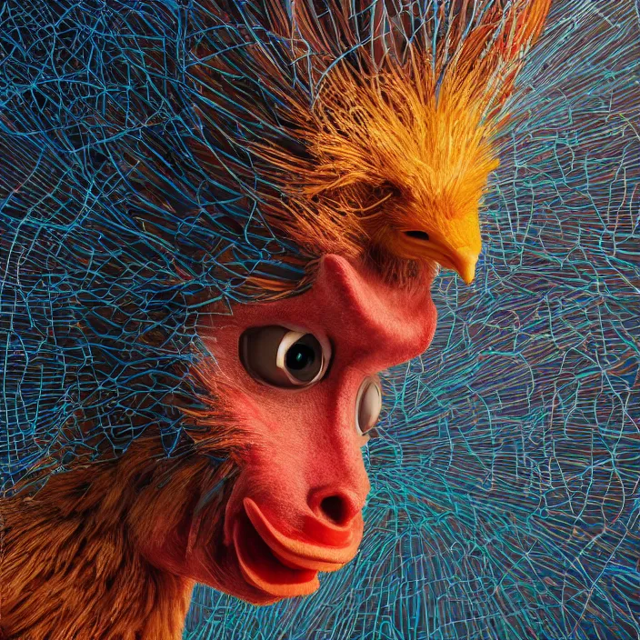 Prompt: portrait of David Bowie as a chicken in Chicken Run. intricate abstract. intricate artwork. by Tooth Wu, wlop, beeple, dan mumford. octane render, trending on artstation, greg rutkowski very coherent symmetrical artwork. cinematic, hyper realism, high detail, octane render, 8k, iridescent accents