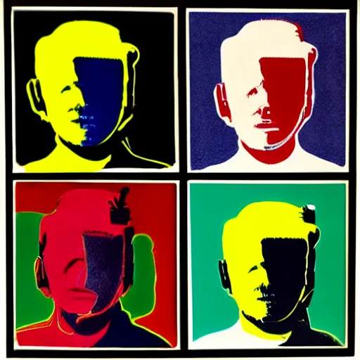 Prompt: cyborgs, panels, primary colors, cyborgs lithography, cyborgs by warhol, cyborgs in the style of andy warhol