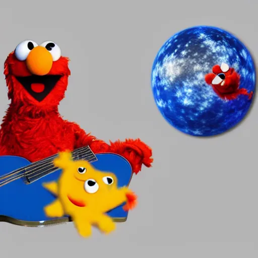 Prompt: Elmo playing gutair in space, hyper realistic, HD, HQ, photorealism, photo realistic