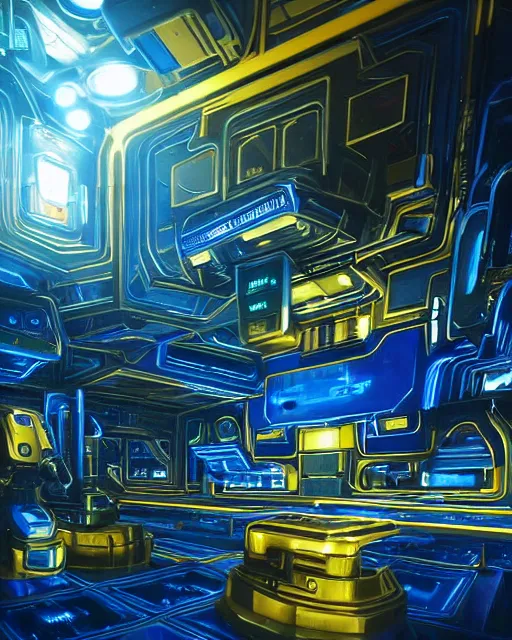 Prompt: cult of technology, exterior of scifi temple, machines, robots, ultra realistic, golden computers, blue, white, highly detailed, atmosphere, masterpiece, epic lighting, glowing wires, mysterious, illuminated, 4 k, cinematic, art by patryk olkiewicz and chris ostrowski and liang yao