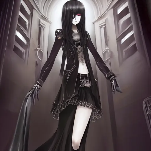 Image similar to 1 7 - year - old goth girl, black hair, long bob cut, long bangs, gothic coat, dark hallways, soft lighting, glowing keypads, secret society, roman pillars, strong lighting, strong shadows, vivid hues, ultra - realistic, sharp details, subsurface scattering, intricate details, hd anime, 2 0 1 9 anime