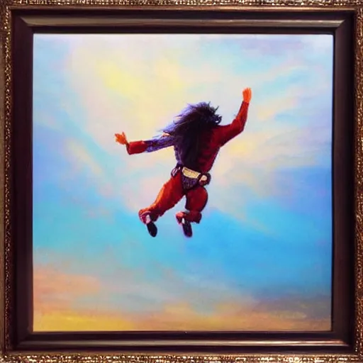 Image similar to arab man with long curly hair skydiving, pastel colors, oil painting, dreamy