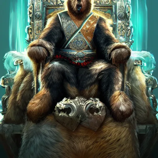 Image similar to Portrait of a king sitting on his throne, bear, crystal crown, digital art, realistic, artstation, detailed