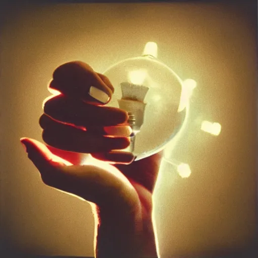 Image similar to hand holding a gleaming lightbulb, polaroid photo, surreal,