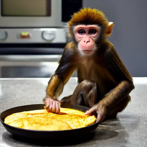 Image similar to a monkey cooking an omelette.