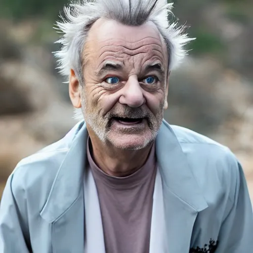 Prompt: !dream the roll of Rick Sanchez will be played by Bill Murray, spikey hair, white lab coat, photography