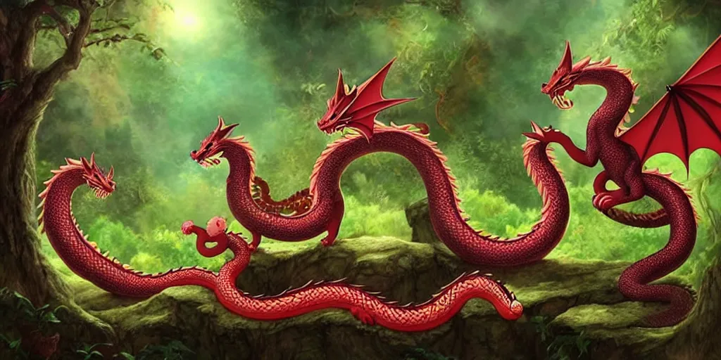 Image similar to cat dragon next to snake sing happily in fantasy forest