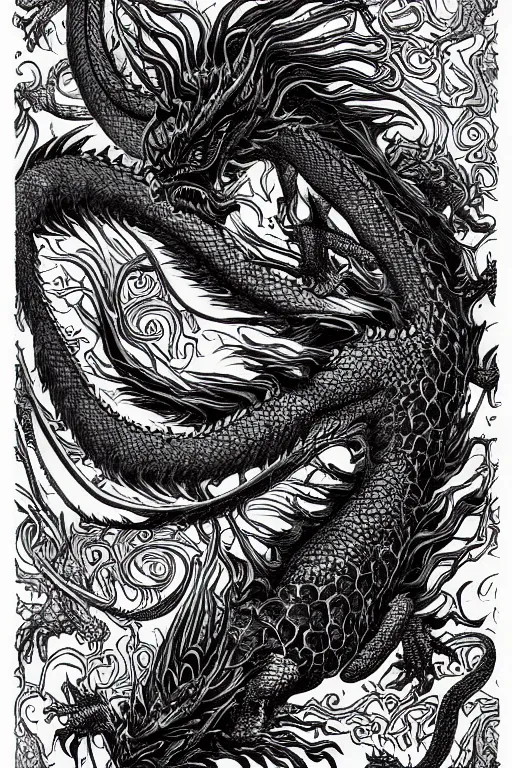 Prompt: dragon, black ink on paper, trending on artstation, beautiful, intricate, detailed