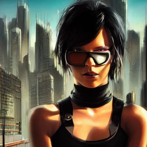 Prompt: closeup portrait of a young trained female cyberpunk razorgirl, sunglasses, black hair, shag cut, dramatic light, city background, sunset, dystopian setting, high contrast, sharp, painted by stanley lau, painted by greg rutkowski, painted by stanley artgerm, digital art, trending on artstation