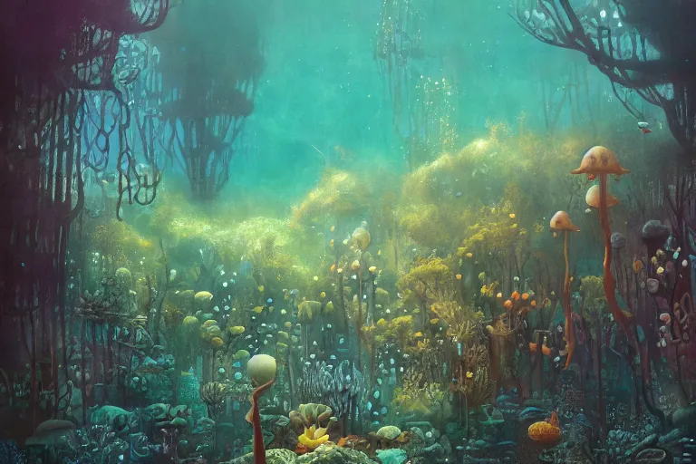 Image similar to Fantastical underwater forest by Shaun Tan and Eywind Earle, trending on artstation