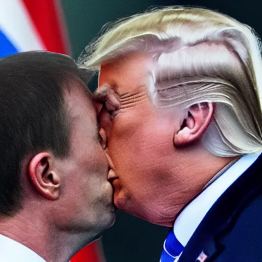 Prompt: telephoto candid cropped photo of trump kissing putin, zeiss 1 5 0 mm, sharp focus, natural lighting, ultra realistic, high definition 4 k photo