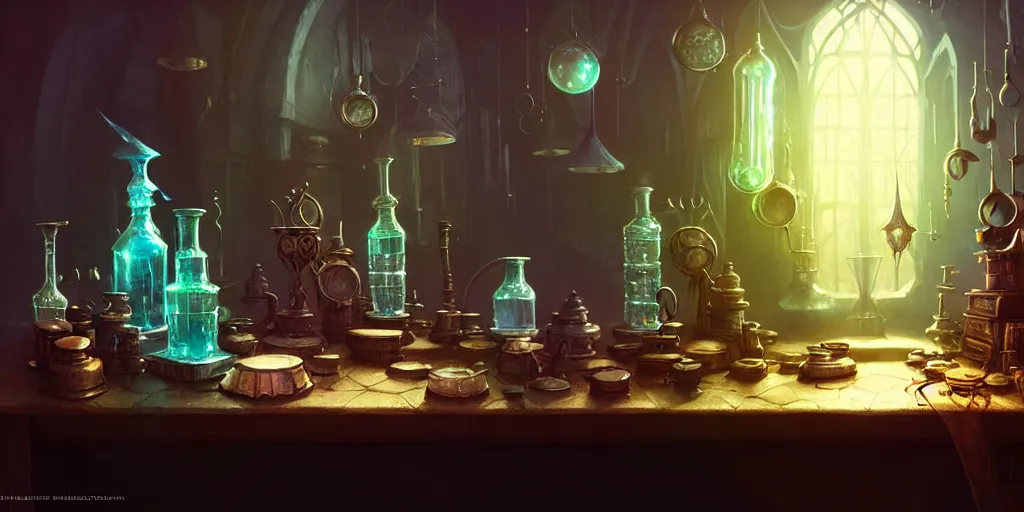 Prompt: cluttered, table, wizards laboratory, greg rutkowski, mortar, pestle, magic powder, compass, stream of flowing light, imposing magic book, beakers of colored liquid, tony sart