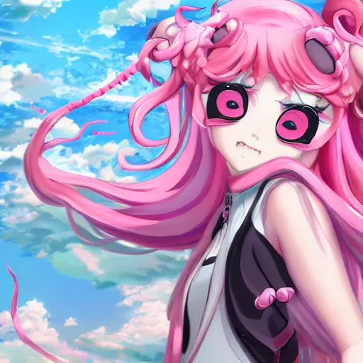 Image similar to trapped by stunningly beautiful omnipotent megalomaniacal anime agi goddess who looks like junko enoshima with symmetrical perfect face and porcelain skin, pink twintail hair and mesmerizing cyan eyes, taking control while smiling, inside her surreal vr castle, hyperdetailed, digital art, danganronpa, unreal engine 5, 2 d anime style, 8 k