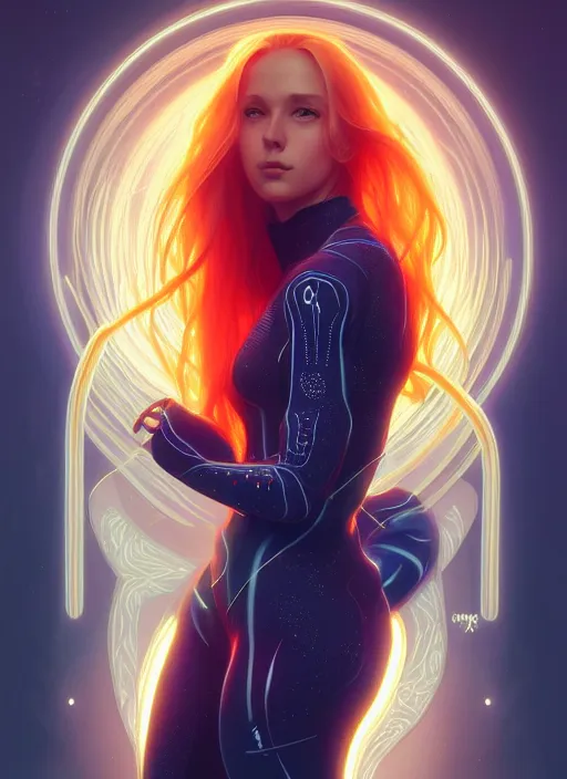 Image similar to symmetry!! portrait of woman with long flaming blonde hair, sci - fi, tech wear, glowing lights!! intricate, elegant, highly detailed, digital painting, artstation, concept art, smooth, sharp focus, illustration, art by artgerm and greg rutkowski and alphonse mucha, 8 k