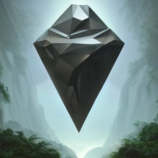 Image similar to peter tarka, minimalistic, hyperrealistic surrealism, award winning masterpiece with incredible details, epic stunning, a highly reflective chrome octahedron with lights coming out of the bottom in the middle of a tropical rainforest, alien structure, highly detailed, trending on ArtStation, artgerm and greg rutkowski and alphonse mucha, daily deviation, IAMAG