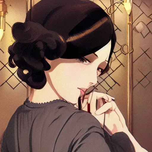 Image similar to portrait of a beautiful girl with dark hair dressed in 1920's fashion, speakeasy bar background, mood lighting, ambient lighting, dynamic lighting, 4k, official media, anime key visual, makoto shinkai, ilya kuvshinov, lois van baarle, rossdraws, detailed, trending on artstation