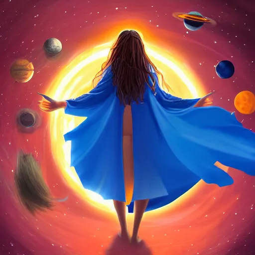 Image similar to high definition illustration of young mage woman with long blue cape, fire in outstretched hand, flowing brown hair, enjoying the view of a horizon of close planets in the sky, dense jungle, high definition, extremely detailed, hyper realism