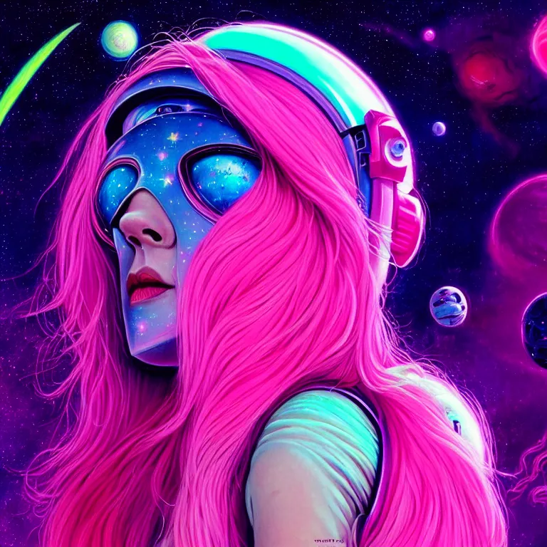 Prompt: cosmic astronaut girl pink hair, 2 0 yo, close - up, synthwave, bright neon colors, highly detailed, cinematic, tim white, roger dean, michael whelan, jim burns, bob eggleton, philippe druillet, kubrick, alfred kelsner, vallejo