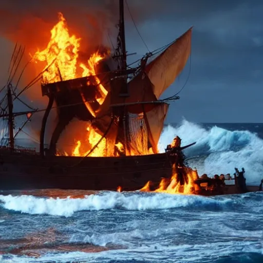 Prompt: a wooden pirate ship is on fire in a stormy sea