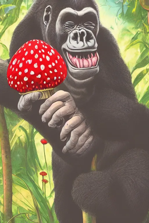 Prompt: gorilla holding an amanita muscaria, sunshine, by alba ballesta gonzalez and moebius. 4 k wallpaper, digital flat 2 d, japan animation, comic book, illustration, cinematic lighting, smooth sharp focus