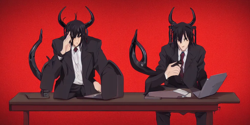 Image similar to dark lord sitting at desk large horns and suit, medium shot, portrait, semi realistic anime, red demon cyberpunk symbols