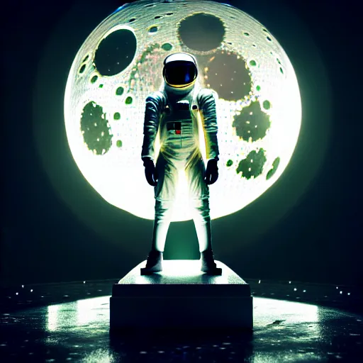 Image similar to full-body rococo and cyberpunk futurism style chrome statue of a headless astronaut on the moon with futuristic elements. terrifying white dripping tar. full-length view. human skulls on altar. eldritch energies lighting forming around disturbing frightening intricate artwork by caravaggio. Trending on artstation, cinematic lighting from the right, hyper realism, octane render, 8k, depth of field, 3D