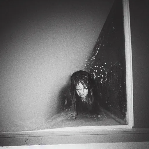 Prompt: creepy cursed Photograph of Samara Morgan crawling out of a television, water dripping, dark, no lights, moist, taken using a film camera with 35mm expired film, bright camera flash enabled, award winning photograph, creepy, liminal space