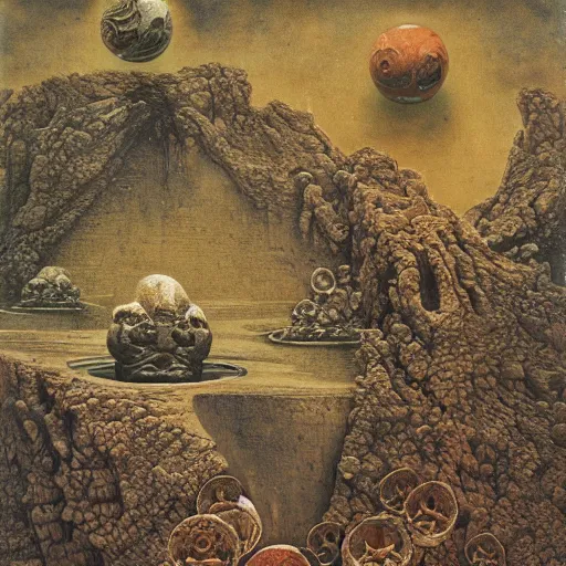 Image similar to paper collage of a fossils in a landscape, ornaments, beksinski