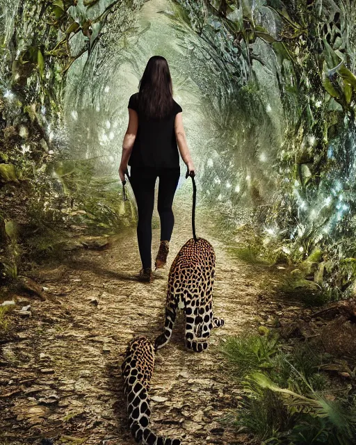 Image similar to beautiful woman walks her pet leopard on a leash thru a crystal forest, hyperreal, atmospheric, photorealistic photographed in the style of National Geographic