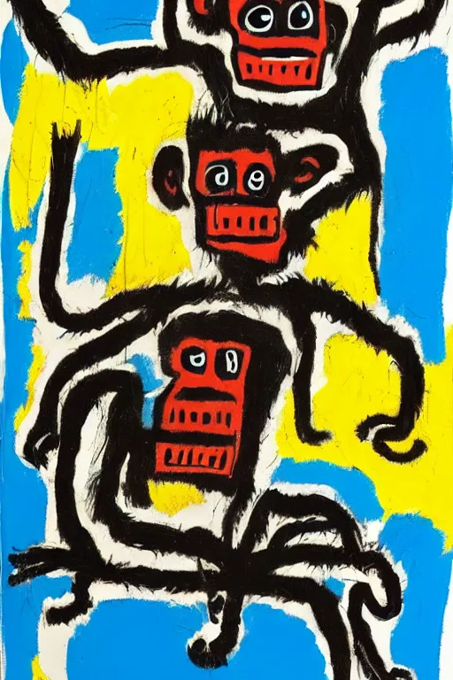 Image similar to an illustration of monkeys killing children in the style of basquiat by margaret wise brown, blue and black