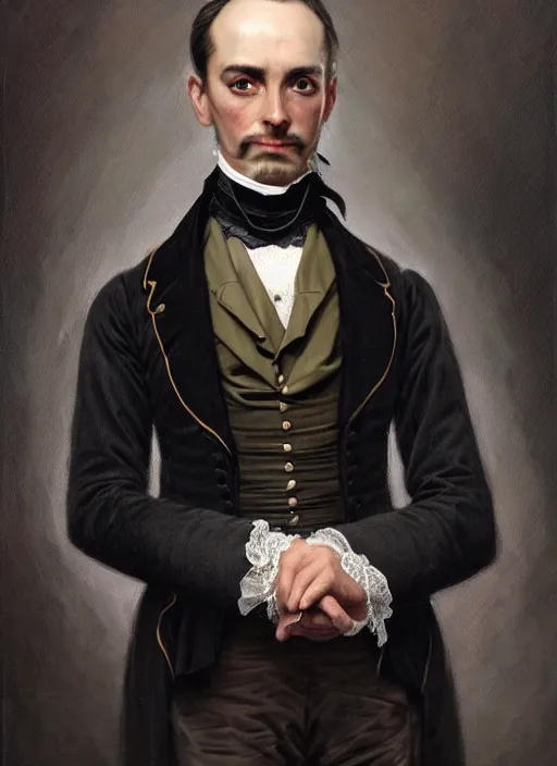 Prompt: 3 / 4 view of a portrait of man in victorian clothing, confident pose, intricate, elegant, sharp focus, illustration, highly detailed, concept art, matte, trending on artstation, goth, art by james jean and artgerm and brian despain and alberto mielgo, greg rutkowski, wlop, ilya kuvshinov, strong strokes
