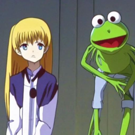 Prompt: Still from the anime movie End of Evangelion, Kermit the Frog from Sesame Street as a giant Rei Ayanami