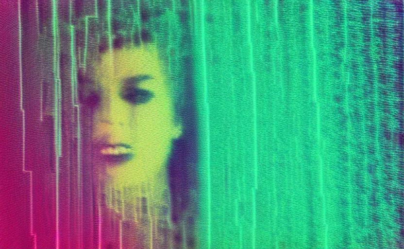 Image similar to vhs glitch art portrat of a woman hidden underneath a sheet, static colorful noise glitch, 1 9 8 0 s