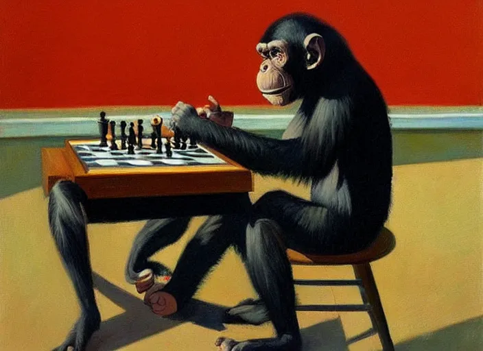 Image similar to a very very beautiful painting of a chimp playing chess in the style of edward hopper