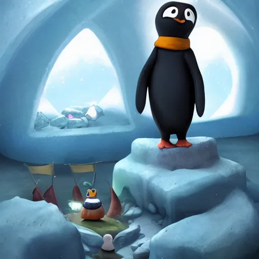 Prompt: Pingu the penguin in an Igloo, claymation, arctic, summer, 8k resolution matte fantasy painting, cinematic lighting, DeviantArt, Artstation, Jason Felix Steve Argyle Tyler Jacobson Peter Mohrbacher