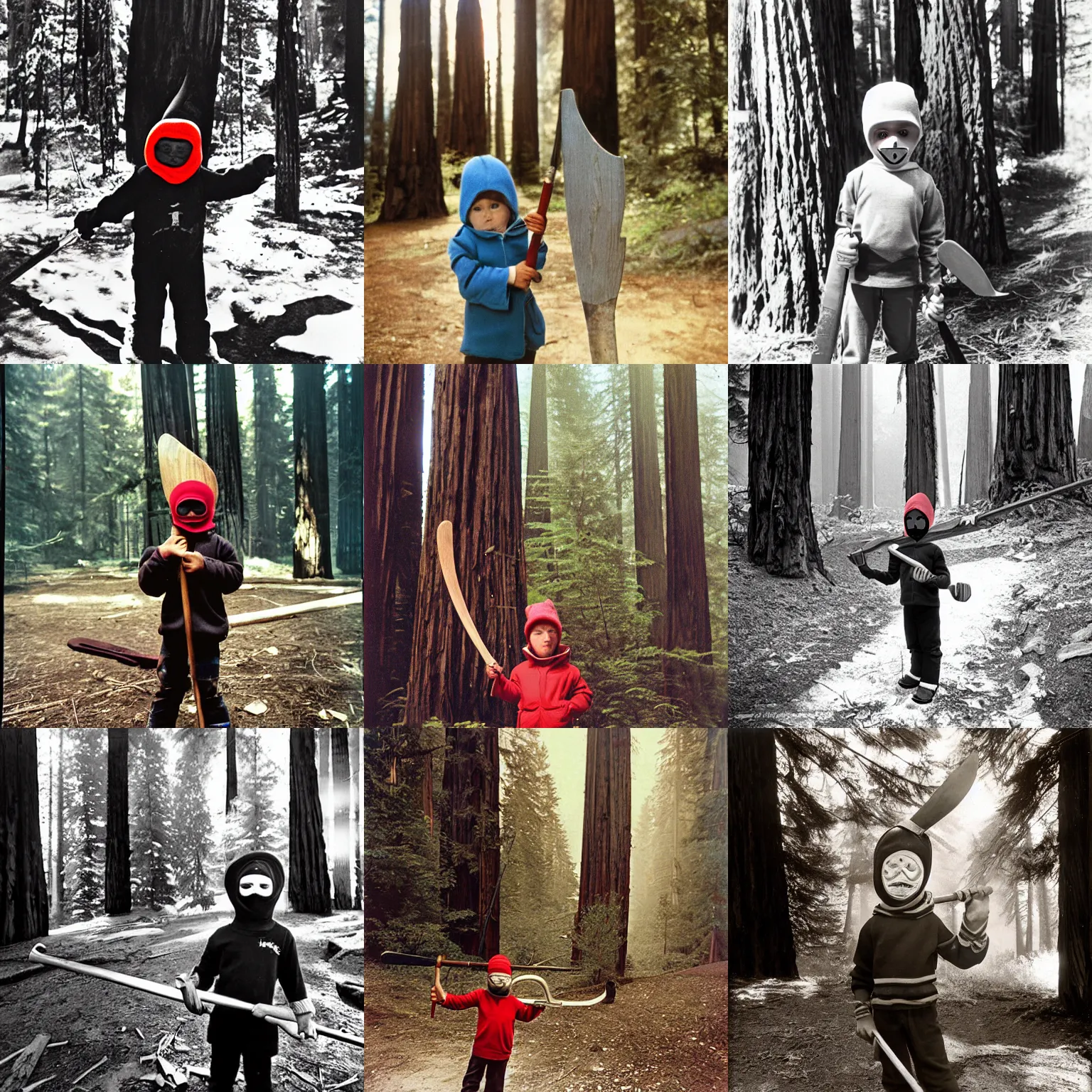 Prompt: child wearing a ski mask, holding a hammer in one hand and a sickle in the other, sunny day in the redwoods, chromogenic medium print