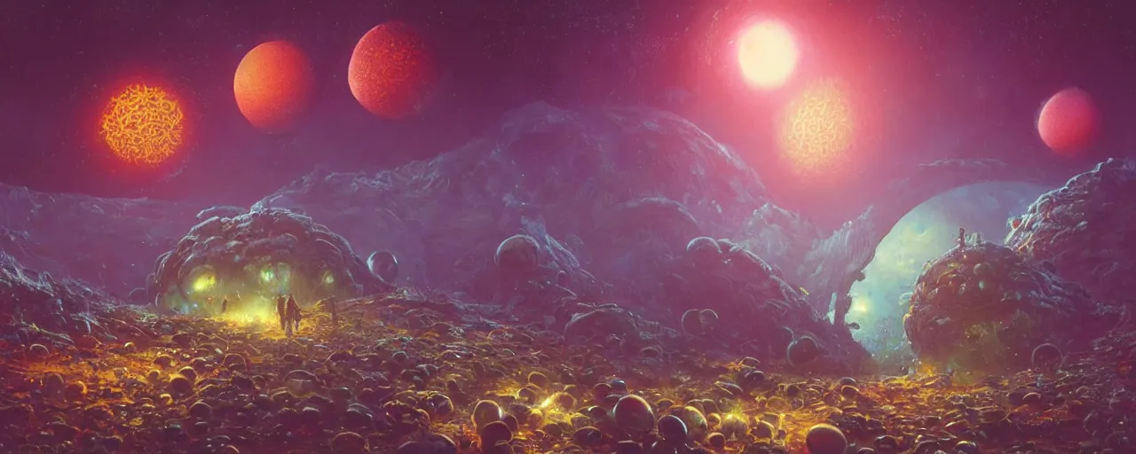 Image similar to ” outer planet with strange and mysterious eggs and larvae, [ art by paul lehr, cinematic, detailed, epic, widescreen, opening, establishing, mattepainting, photorealistic, realistic textures, octane render ] ”