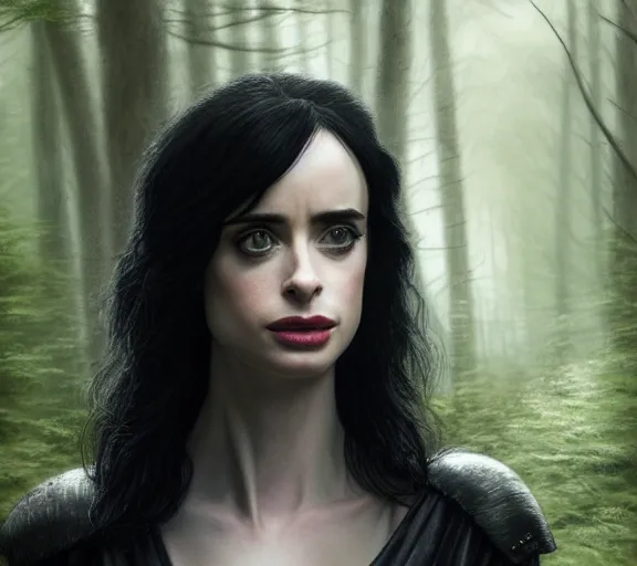 Image similar to 5 5 mm close up portrait photo of krysten ritter as yennefer of vengerberg in black leather armor and black hair, in a forest. magical atmosphere. art by greg rutkowski. lifelike. very detailed 8 k. intricate. soft light. nikon d 8 5 0.